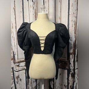 AKIRA Black Lace-Up Puff Sleeve Blouse